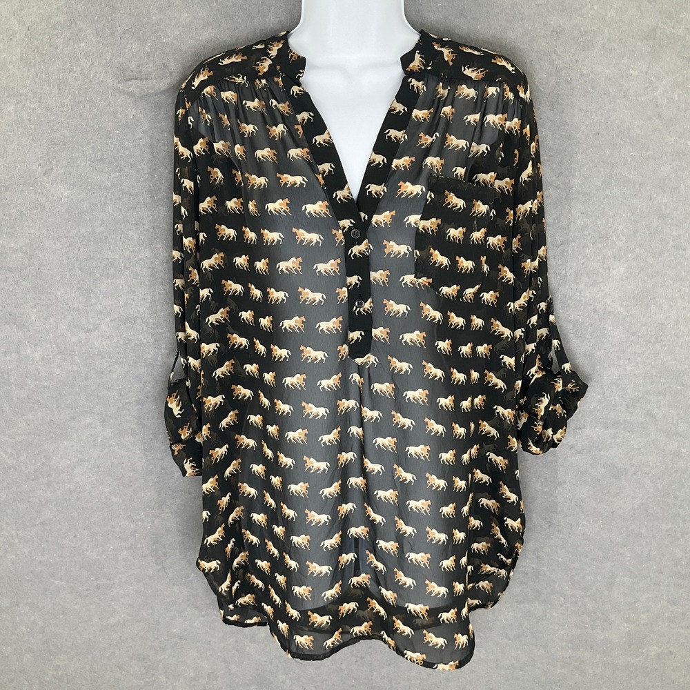 Pleione Top Women's Sz M Black Horse Print Western Rodeo Sheer‎ Office